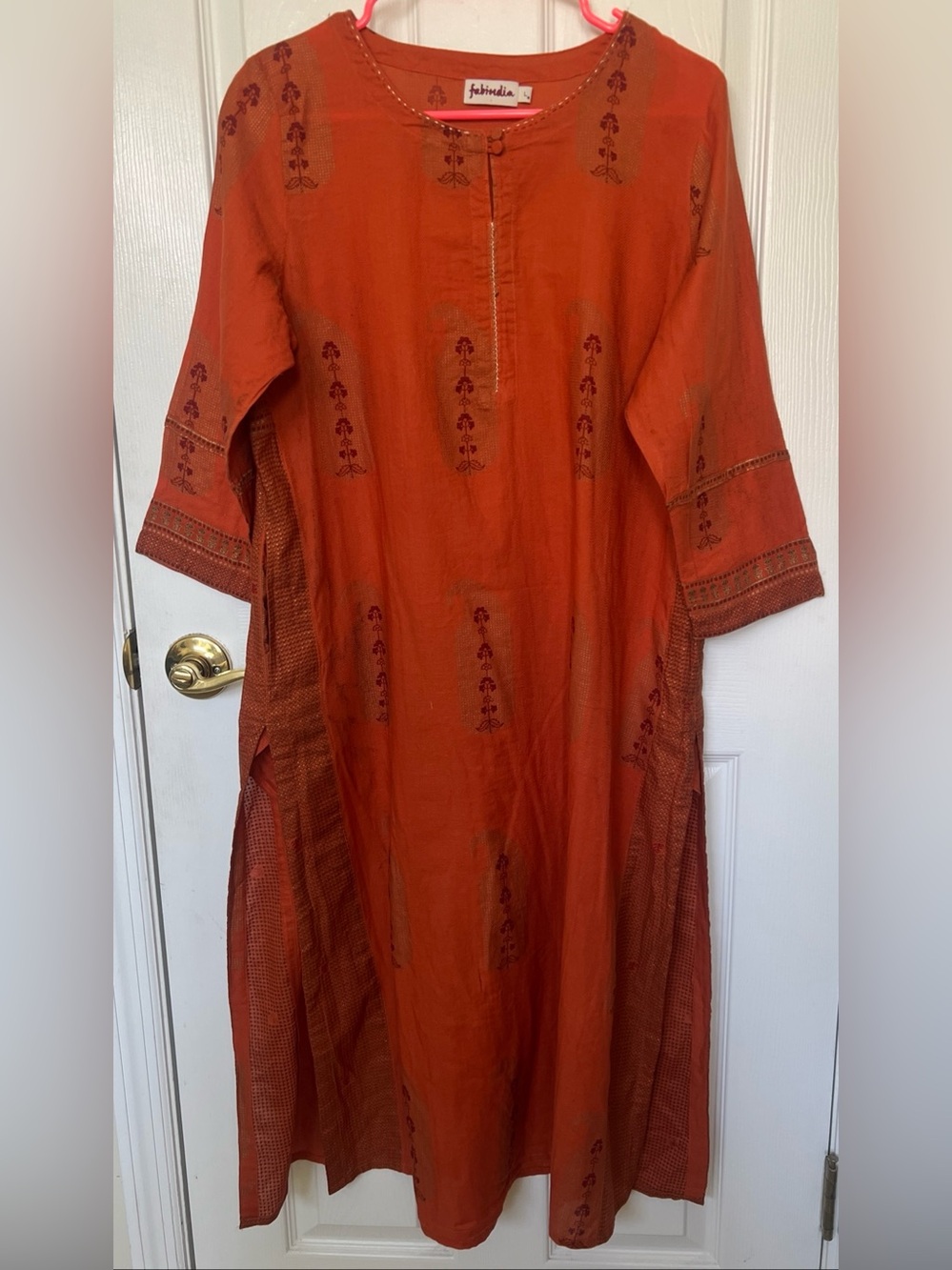Fabindia Tunic Dress Rust Orange Women’s Sz L Floral 100%cotton Slit Sides India